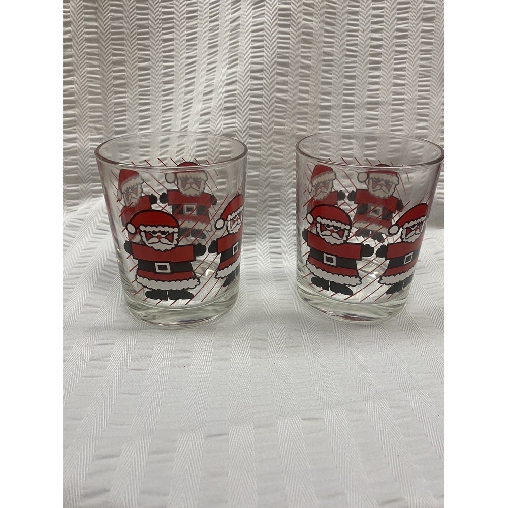 Vintage LUMINARC Glass Holiday Christmas Santa Claus Glasses Set Of 2 Barware